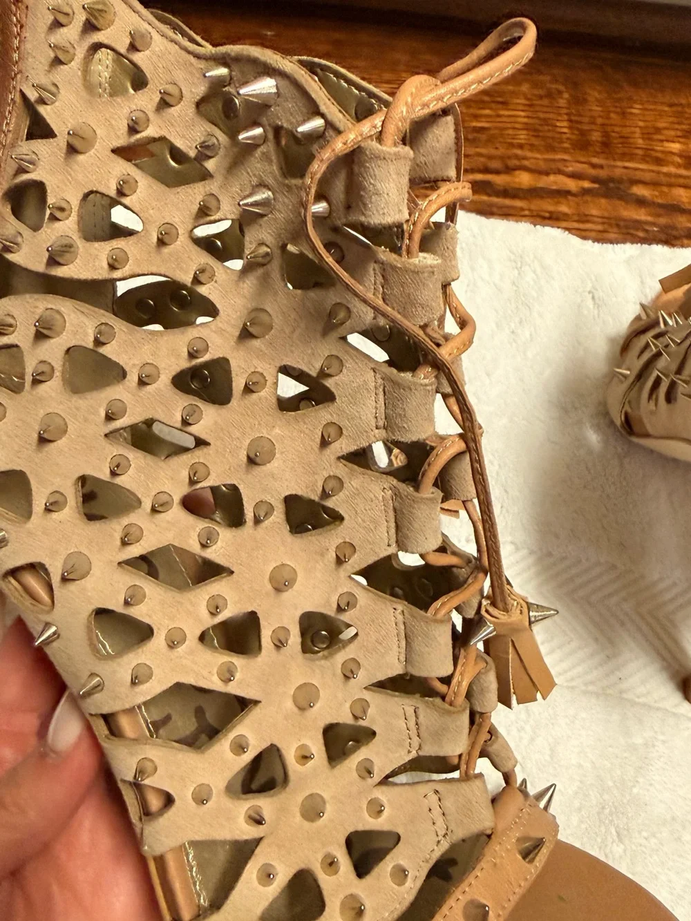 Sam Edelman Tan Studded Lace-Up Open-Toe Heels - Picture 7 of 8